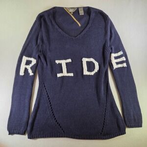 Good Rider Navy Blue RIDE Chenille Graphic V-Neck Knit Sweater Womens Medium